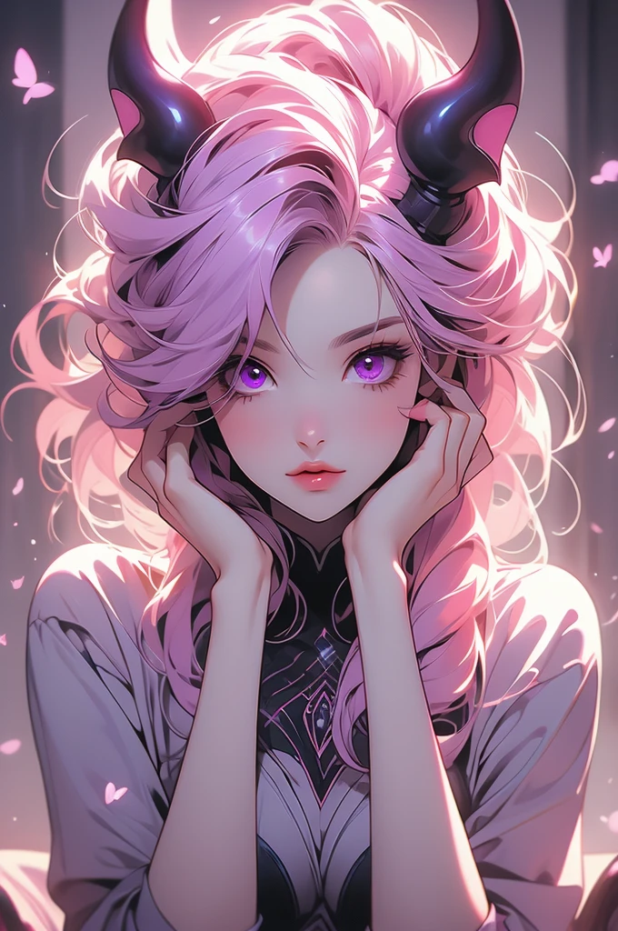 1gir, succubus, pink hair, violet eyes, crazy, hands covering face, crazy