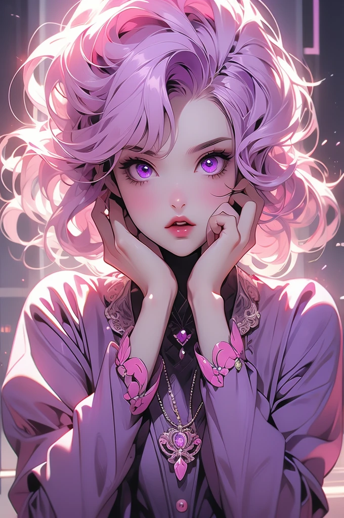 1gir, succubus, pink hair, violet eyes, crazy, hands covering face, crazy
