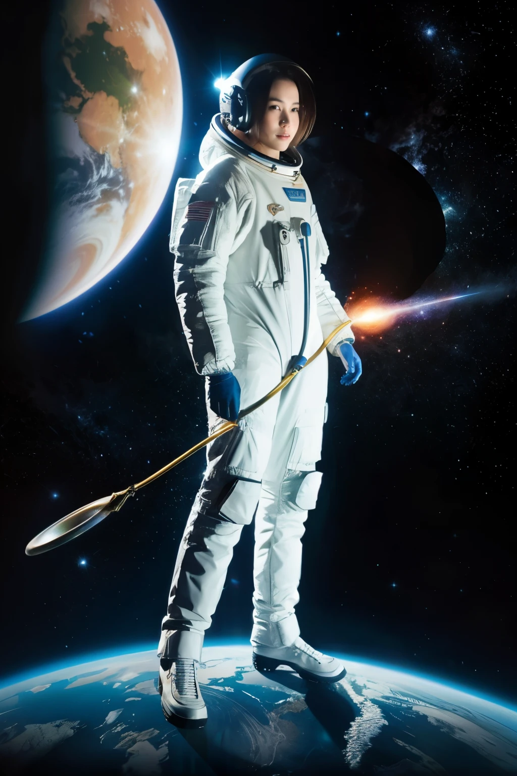 an astronaut, colors, stele, galaxies planets