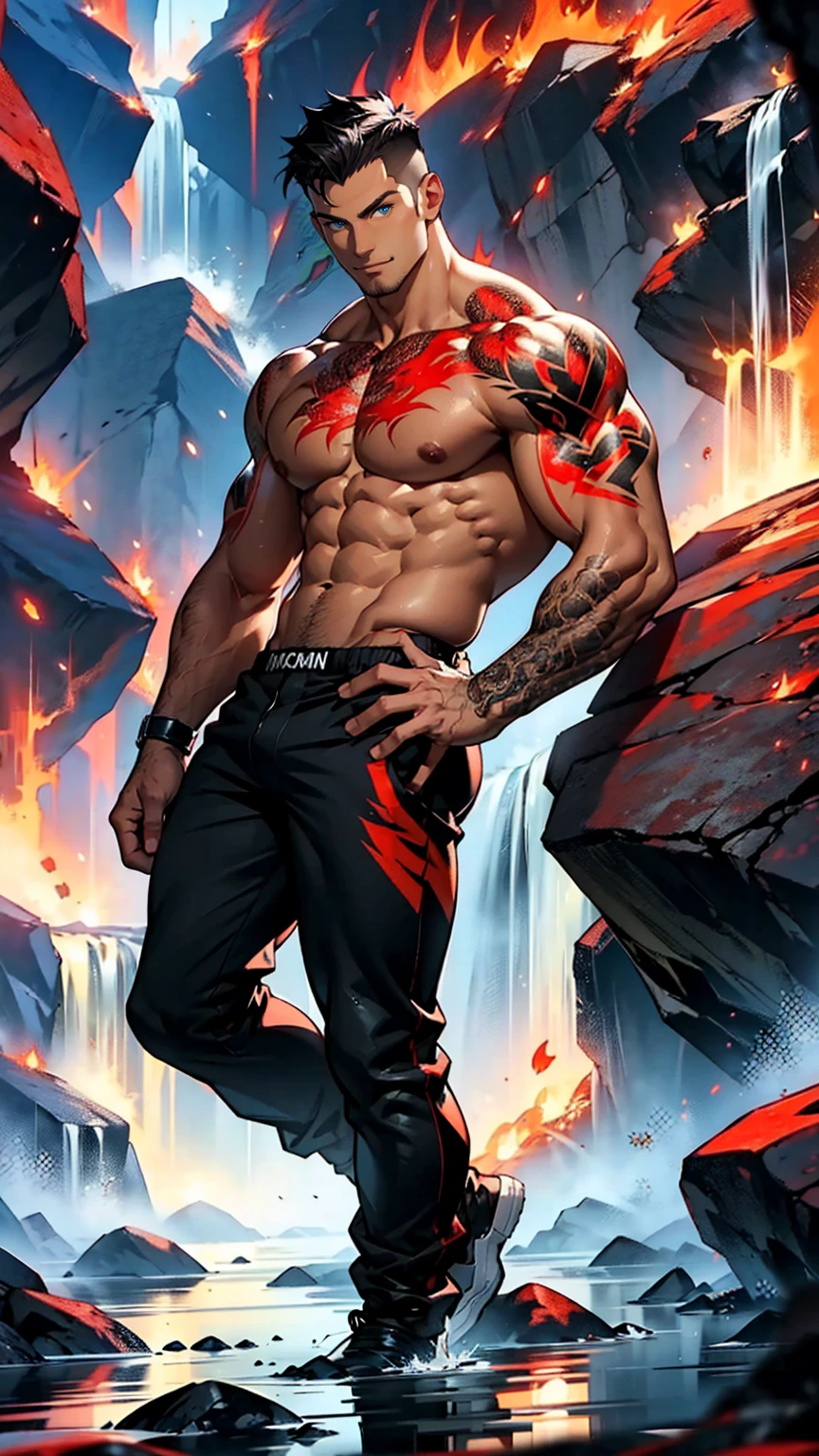 A strong, muscular man with short, black undercut hair and freckles stands confidently in a dramatic river of molten magma. He is shirtless, showcasing his well-defined torso and arms, covered in intricate red tattoos resembling flames and embers that extend across his entire chest and back. He wears form-fitting black pants with red flame patterns. In a seductive pose, he leans slightly to one side, his chest and abs prominently displayed as he gazes intensely with a smoldering look. His body is partially enveloped in flickering flames, adding to the allure of his presence. His posture is relaxed yet commanding, with one hand resting casually on his hip and the other extended with a suggestive gesture, as if inviting. The background is a dramatic, molten landscape with vivid orange and red hues. The scene is rendered in a 2.5D cartoon style, with vibrant colors, soft shadows, and dramatic lighting that highlights his powerful physique and the seductive energy of the flames.