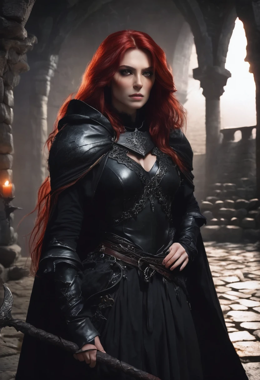 1 woman, she is a witch, inside a dark and gloomy castle made of stones, wearing black armor with a black cloth cape around it, detailed facial features, feminine light brown eyes, detailed white skin, dark woman, messy long red hair, dramatic lighting, cinematic composition, dark palette, dark colors, atmospheric fog, thin chin, serious face, serious face, strong and beautiful woman (Best Quality, 4K, 8K, Hi-Res, Art: 1.2), Ultra Detailed (Realistic, Photorealistic, Photorealistic: 1.37)