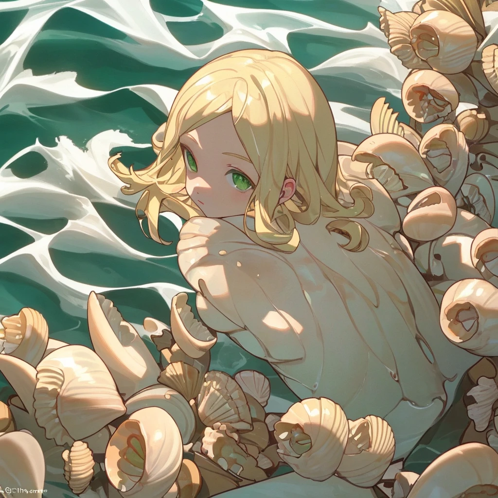blonde with green eyes on the sea, shells, white water