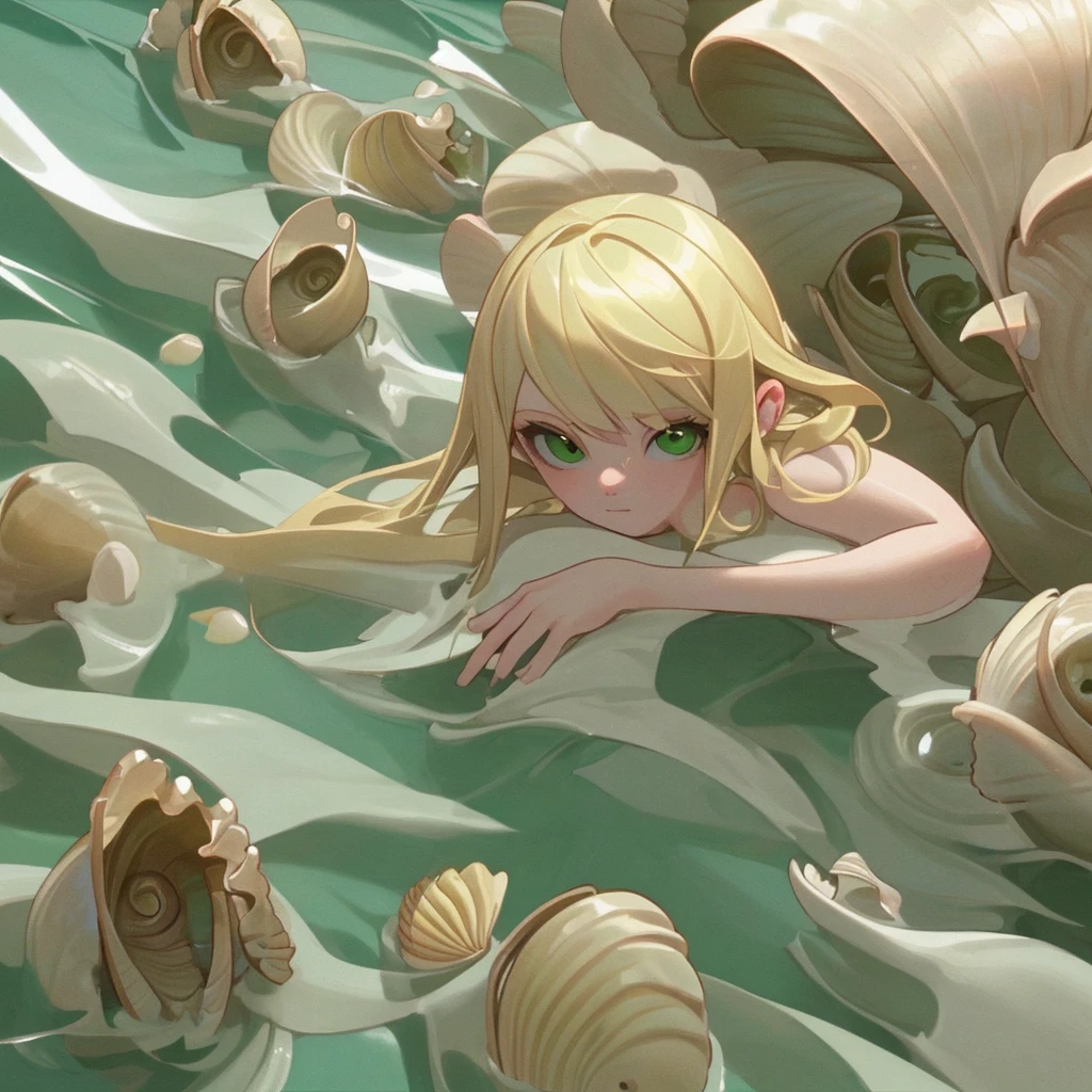 blonde with green eyes on the sea, shells, white water 