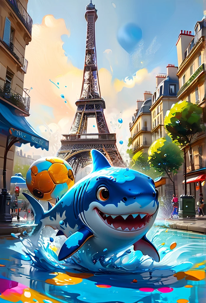 Splash Art, Cute Shark(Game Characters、Big eyes、Eiffel Tower in the background、soccer ball), wonderfulインスタグラム, Art Station, Colorful paint splash style+, Very detailed、Exquisitely crafted down to the last detail, Engine Unreal, wonderful, Details Complexity, Splash screen, Complementary Color, Realistic concept art, 8k resolution, deviantart masterpiece, Oil, Thick brushwork, Paint drips, Splash Art,Paris,