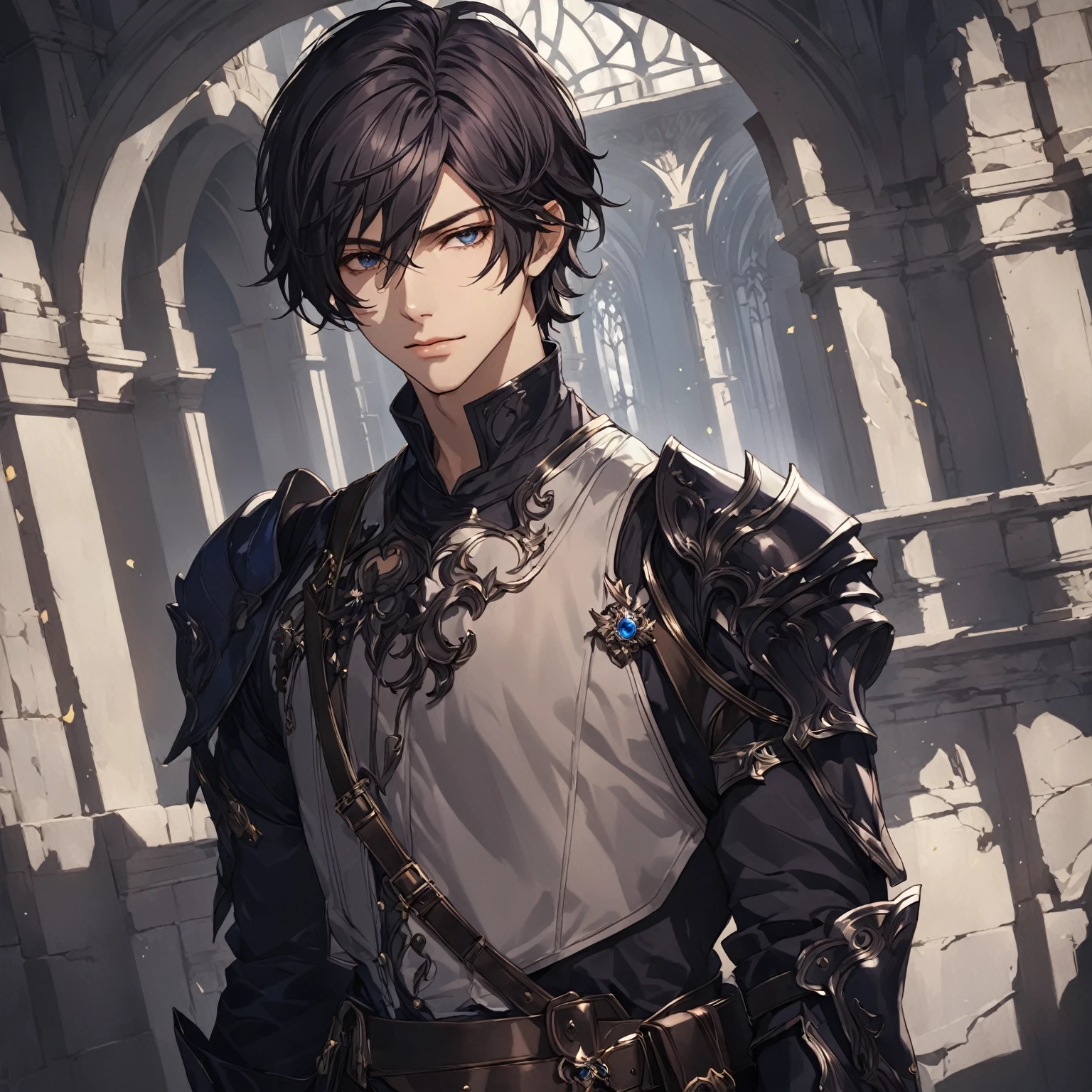 masterpiece, best quality, good quality, Fantasy Aesthetic, Highly detailed, shadowverse style, male, dark blue hair, medium hair