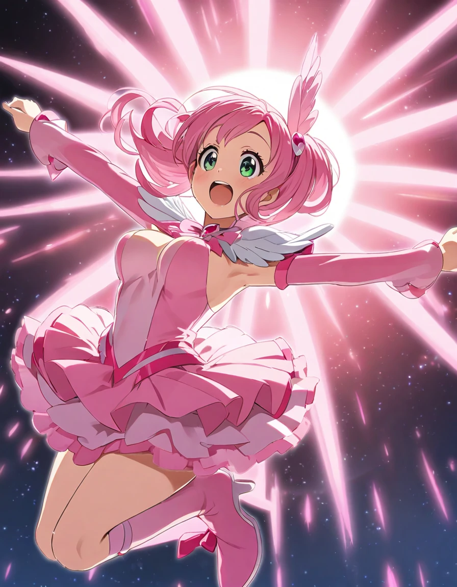 cure pink(tall-height, middle breast, pure pink hair, wing hair accessory, feather motif shoulder opening, forearms sleeves, pink dress skirt, pink boots), jumping