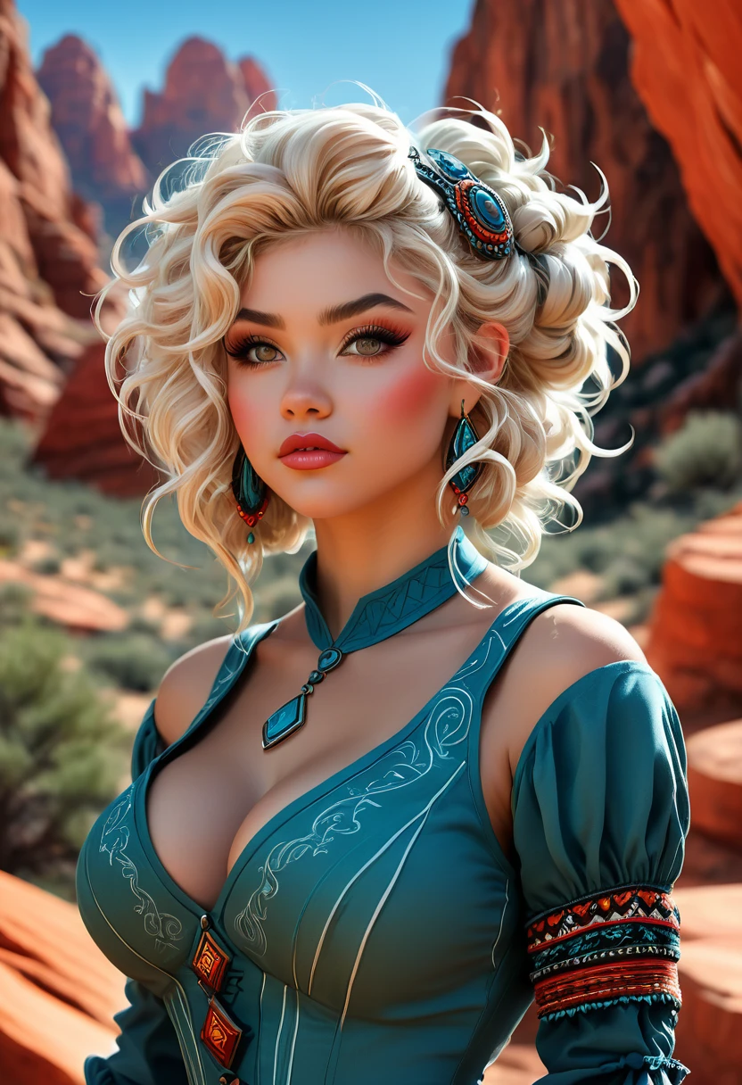 Thirst trap photo of a beautiful gnome women. Southwestern vibe and dress. Southwestern earrings, and jewelry. Her blonde hair is coarse, wiry, tightly curled, and densely packed, with a rough texture prone to frizz and tangling. official art is an award-winning digital masterpiece in 4K Ultra HD, featuring extreme detail and intricate realism. It combines the artistry of Wlop and Artgerm in a stunning 2D vector illustration. She has huge firm, perky, v symmetrical, and spherical breasts. The background showcases a beautiful panoramic vista of a red rock canyon.
