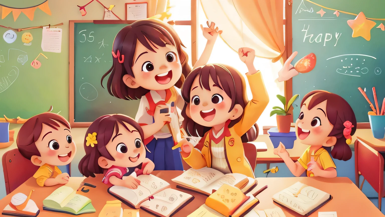 happy teacher, happy kids, classroom, (happy),asian