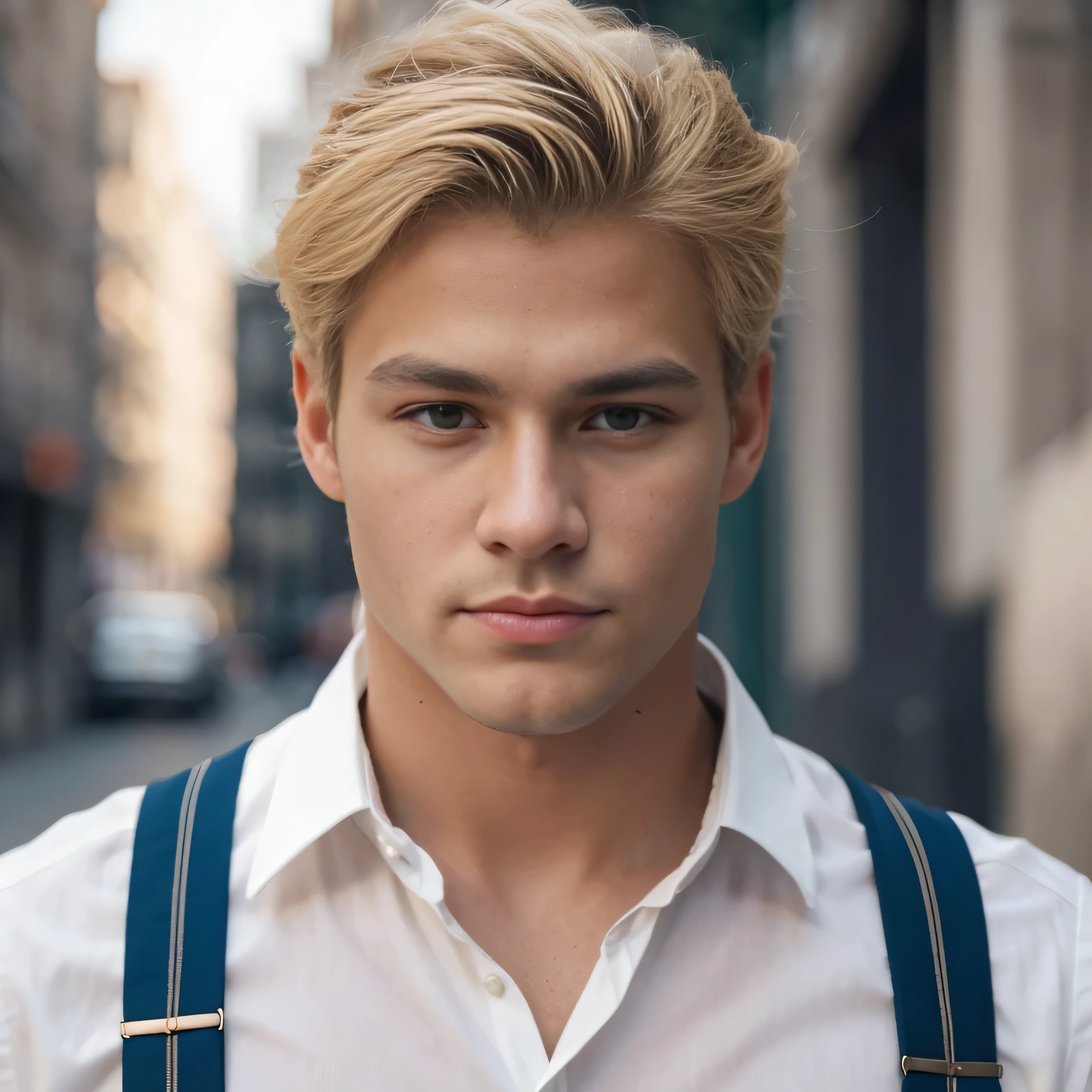 Blonde-haired man with suspenders and white shirt staring into the camera, long blonde hair swept back and blue eyes, Blonde and attractive features, homem jovem loiro, macho atraente, Homem magro com pele bronzeada clara, bonito rosto atraente, Jovem com rosto bonito, Macho bonito, jovem bonito, homem atraente, cara loiro, jovem atraente, bonito e atraente, rosto bonito perfeito, bonito impressionante realista, square jawline, rosto detalhado, Kevin Pabel 8k