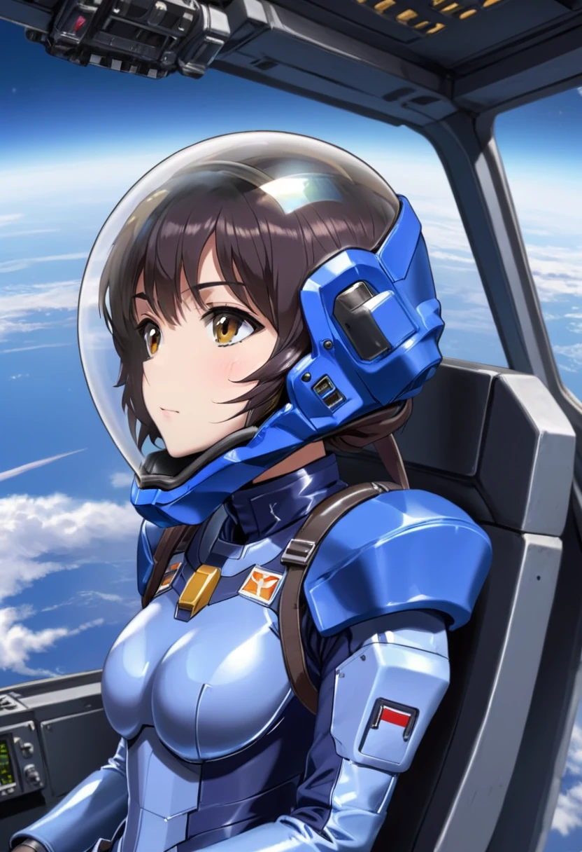((Female pilot in the cockpit of a reconnaissance plane), (airplane cockpit), (in flight), (10000 feet altitude)、(sky view):1.7),, short hair, street, emo, BLACK hair, white eyes, eyeliner, apocalypse, girl, nside the (cockpit:1.9) of a (futuristic spaceship:1.6), , blush,sitting on a chair, covered navel, space helmet, muvluv, space helm, plug suit , space helmet, eva helm, space suit, short hair, from below, from side