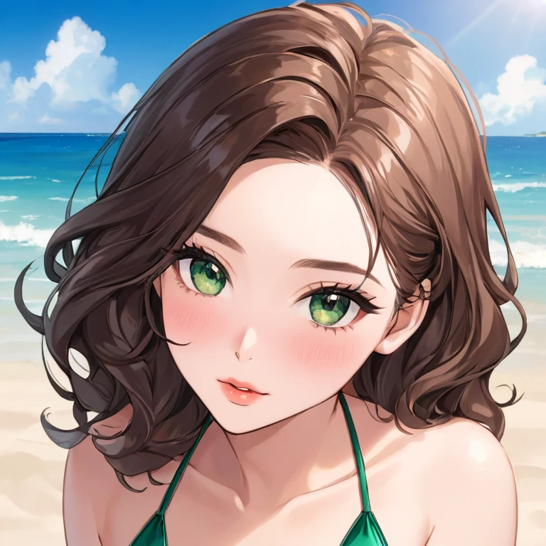 Generate an aesthetically appealing image of a sexy girl with the following features:

- **Facial Features:** A symmetrical face with high cheekbones, a defined jawline, and full, slightly parted lips. Her nose is delicately shaped, complementing her facial structure.
- **Eye Color:** Captivating deep emerald green eyes that are almond-shaped and slightly upturned, framed by long, thick eyelashes.
- **Hair Quality and Texture:** Luxurious, wavy hair that cascades down her back, with a rich chocolate brown color and subtle natural highlights. The hair has a glossy sheen and appears soft to the touch.
- **Skin Texture:** Smooth, flawless skin with a radiant, sun-kissed glow. Her complexion is even, with a slight natural blush on her cheeks.
 Poses - try different sexy poses on the beach in a peach bikini 