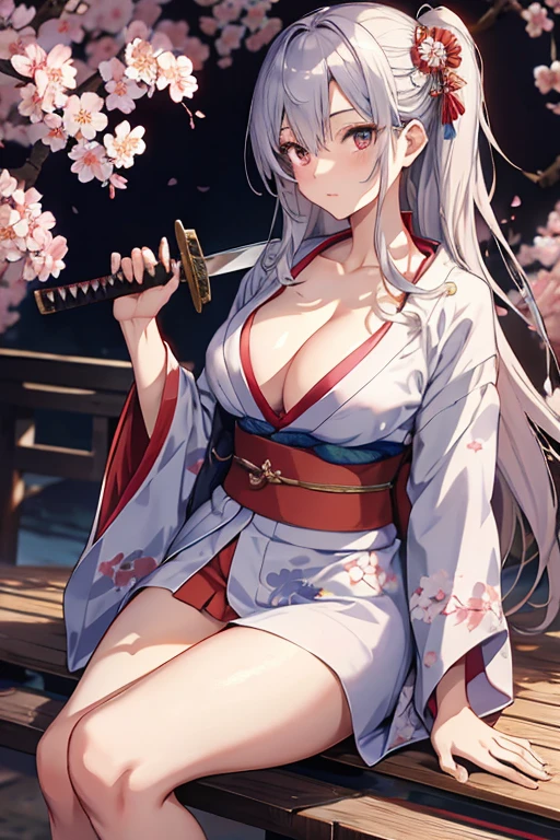 A kimono that exposes the chest、Cleavage、No bra、Thighs、、Holding a Japanese sword in one hand、Beautiful Girl Swordsman((E Cup、Long silver hair)、Cherry blossom background
