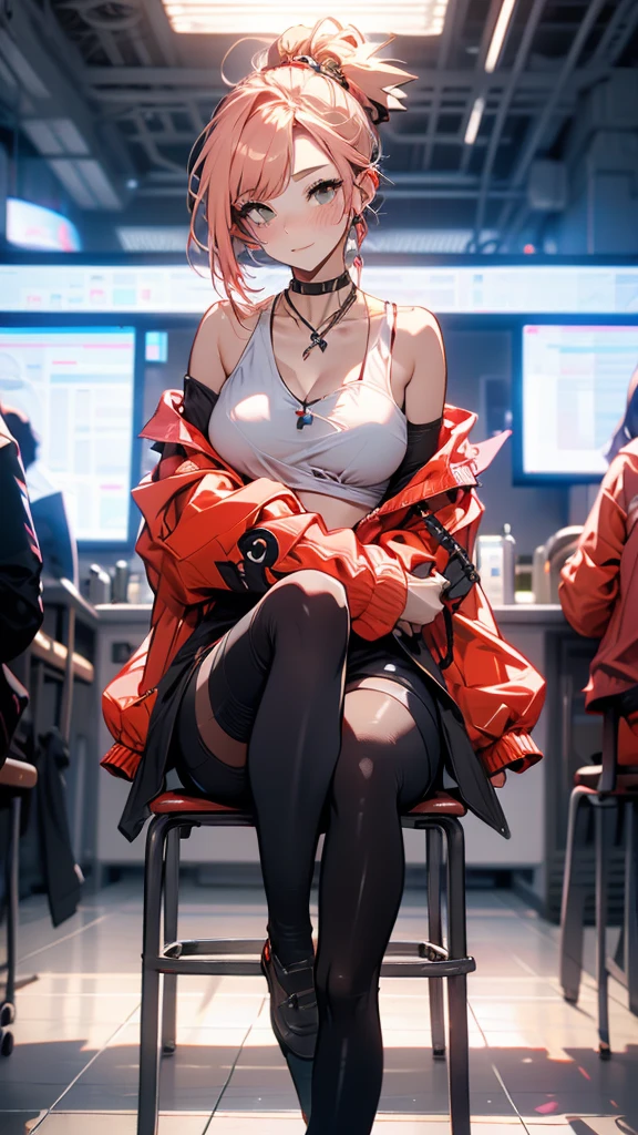 1 Girl, floor_floor单, Black_Leg clothing, blush, breast, cleveage, clavicle, cover, cover_breast, cross_arms, green_Eye, Moderate_breast, misty_(Pokémon), Umbilical cord, nude, orange_hair, short_hair, side_Ponytail, sign, sit, Solitary, High Leg Raise,