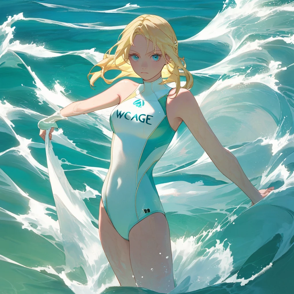 blonde with turquoise eyes on the sea, white water, aesthetic swimsuit