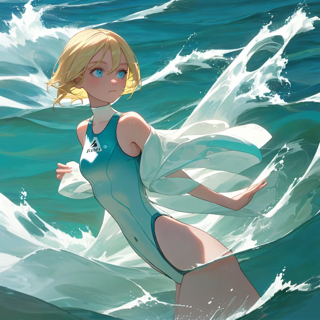 blonde with turquoise eyes on the sea, white water, aesthetic swimsuit