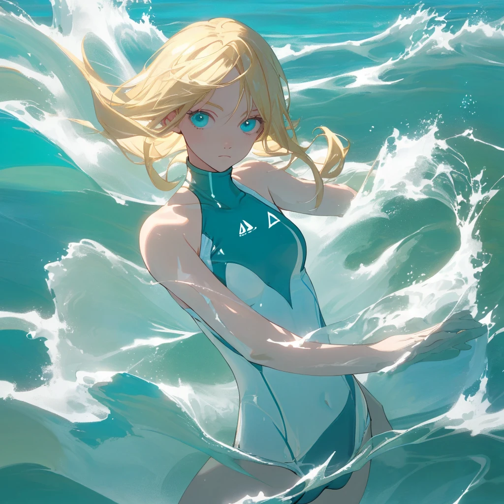 blonde with turquoise eyes on the sea, white water, aesthetic swimsuit