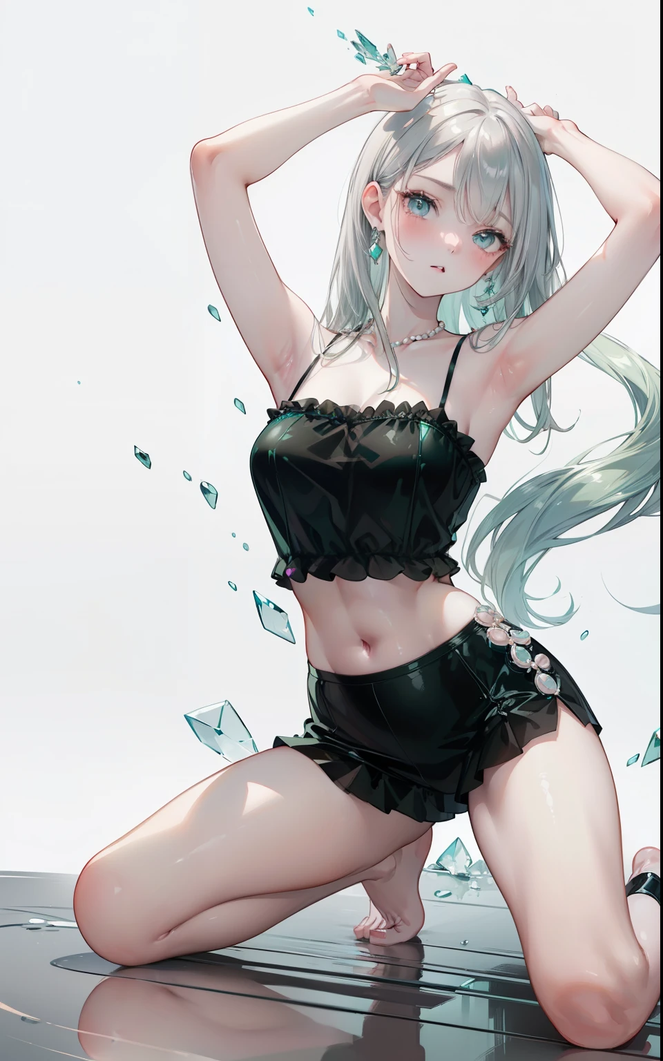 ((dark fantasy)), ((wavy hair, silver hair color, pale skin),(((green aquamarine eyes))), warm light,( ),busty,Glamougeous,monochromes,erotic posing,Dynosing,Arrange Pose,Dramatic,Cinematic,Detailed background, Dynamic Angle,From the angle of the film,Gothic background, Dark fantastic view,Best Quality,masutepiece,8K,The ultimate detailed dark background, Top image quality、RAW photography、超A high resolution,cropped shoulders, overall look is very erotic、Shot for one perly, model shoot, Large round chest, Beautiful Eyes of Details、Very slender eyes、Beautiful eyelashes、Very slim physique, with blush cheeks,Pearl Beaded Bralet bralette of transparent glass, ((pearl glass top)), ((bra of clear glass)), glass swimwear
