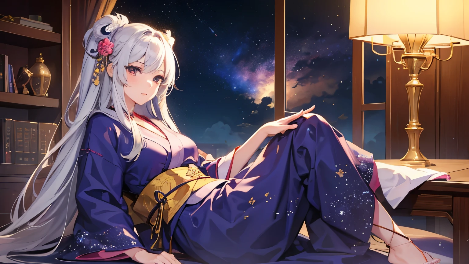 masterpiece,highest quality,((Super Detailed Woman1)),Super detailed face,Super detailed eye,yukata,Sitting,day time,Fantasy,Calm,nebula,High resolution