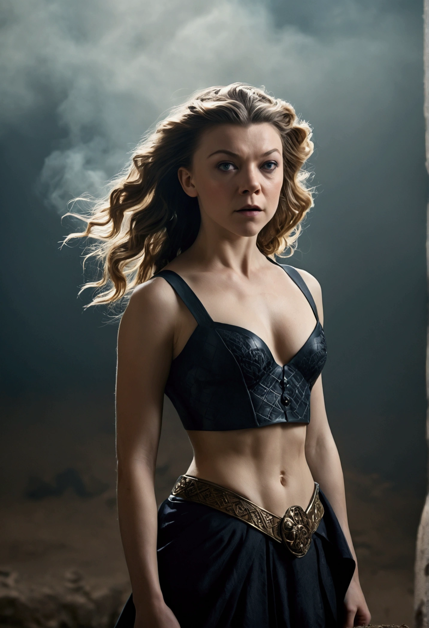 Natalie Dormer, (best quality, High resolution, ​masterpiece, overhead view:1.20),ultradetailed, (Full body:1.5), standing:1.2, Height 162cm, Body weight 46kg, 20 age old, female warrior, topless , asymmetrical bangs, freckles, black hair, big curls, Long hair, dark eyes, posing lasciviously, gloomy ecstasy, dark atmosphere, mysterious aura, provoking Pose, Strong emotions, through urgent look, intense shadow, Foggy background, Subtle color palette, rough terrain, threatening mood, A supernatural sensation,