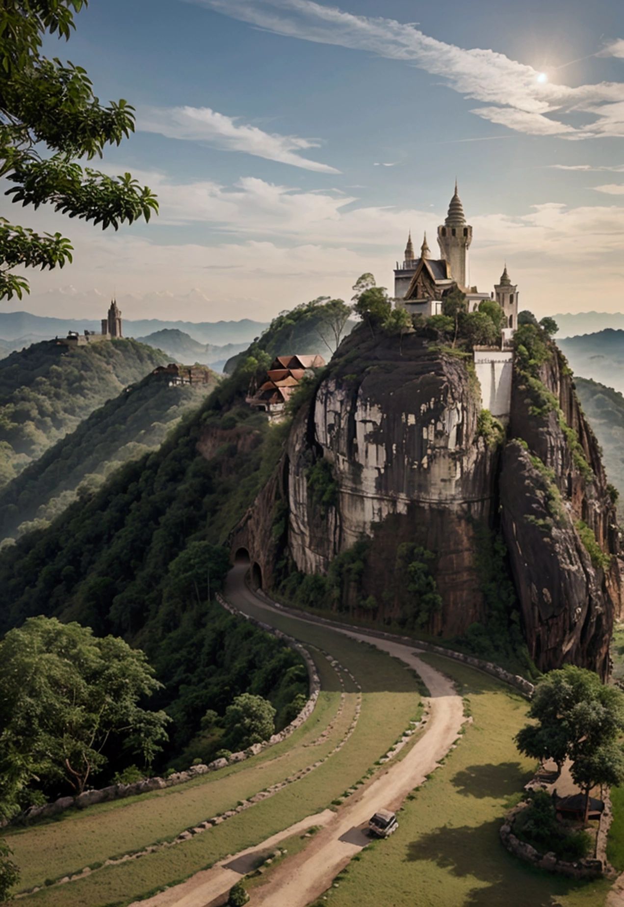 landscape of thailand, White tower and monastery on the hill, complex picture,old paved road,