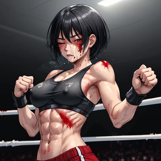 a bloody beautiful young Japanese female fighter is poised in a fighting pose in the fighting ring. Blood is dripping from her nose. She is covered in scars and bruises. she is damaged terribry. Short-cut black hair, out of breath, an eye is closed, drooling from mouth, exhausted, drenched in sweat. Muscularity. Six-pack abs. Erect nipples. sports-bra,bikini shorts, open finger globe.