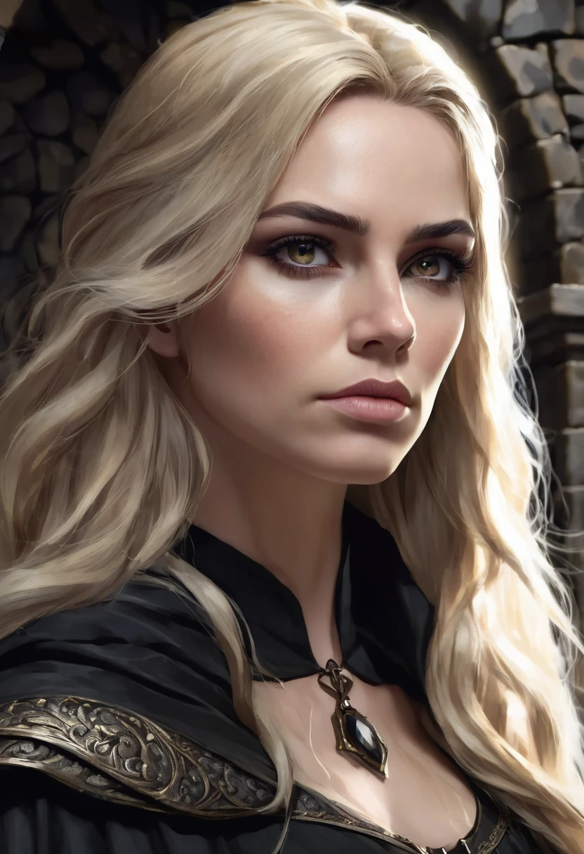 1 woman, she is a witch, inside a dark and gloomy castle made of stones, wearing a modest black medieval warrior outfit with a black cloth cape around it, detailed facial features, feminine light brown eyes, detailed white skin, dark woman, long messy blonde hair, dramatic lighting, cinematic composition, dark palette, dark colors, atmospheric haze, thin chin, serious face, serious face, strong and beautiful woman (best quality, 4K, 8K, high resolution, artwork: 1.2), ultra detailed (realistic, photorealistic, photorealistic: 1.37)