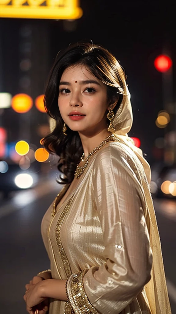 (((desi girl))), chubby face, natural skin, wearing hot deep neck top and dupatta, charming black hair, ((hair ends are blonde)), city streets background, bokeh