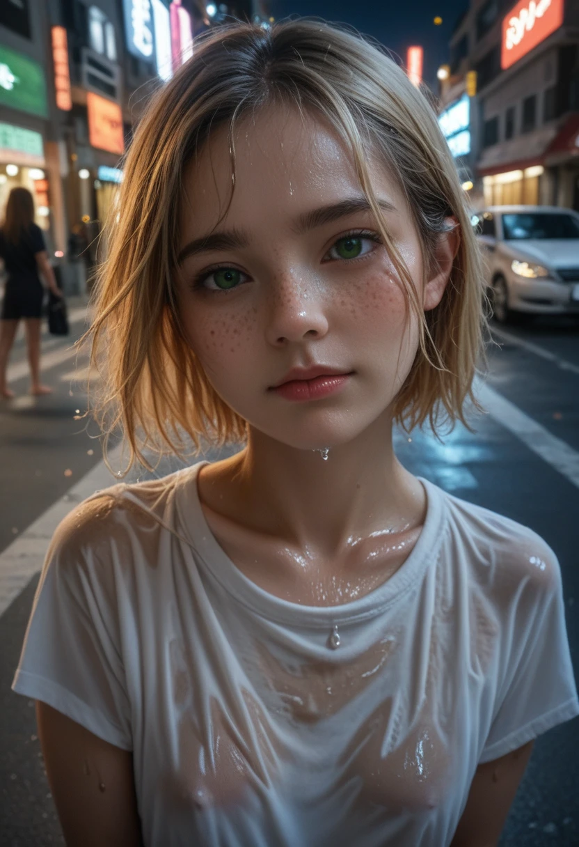Young Korean Woman standing, ((on city street)), ((barefoot)), black micro thing, blonde short hair, slim build, late night, dark, busy street, cinematic, neon light, masterpiece, best quality, RAW photo, full body, photorealistic, ((looking at viewer)), beautiful realistic photo, hyperrealistic fantasy photo, shallow depth of field, 8k, ultra detailed, detailed skin, green eyes, freckles, ((drenched)), ((soaked)), (dripping water), sagging shirt, wet street, wet all over, wet dripping hair, pov, (posing for photo) portrait, close-up, bottom angle, mist