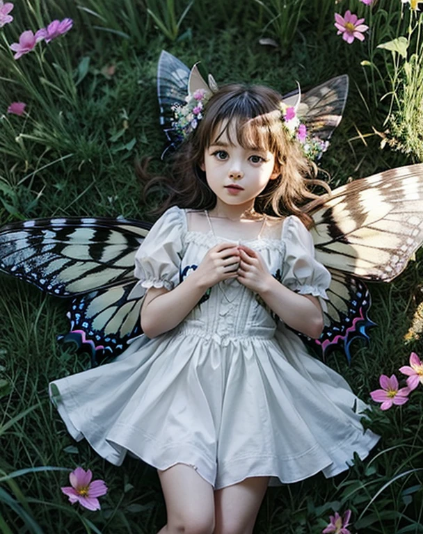cat with butterfly wings in a flower field with fairies