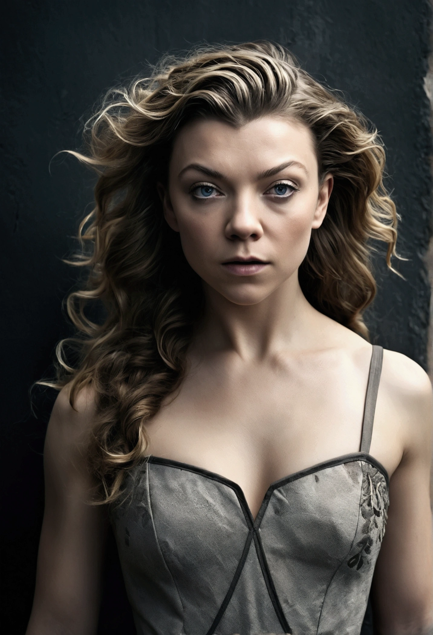 Natalie Dormer, (best quality, High resolution, masterpiece, overhead view:1.20),ultradetailed, (Full body:1.5), standing:1.2, Height 162cm, Body weight 46kg, 20 age old, female warrior, topless , asymmetrical bangs, freckles, black hair, big curls, Long hair, dark eyes, posing lasciviously, gloomy ecstasy, dark atmosphere, mysterious aura, provoking Pose, Strong emotions, through urgent look, intense shadow, Foggy background, Subtle color palette, rough terrain, threatening mood, A supernatural sensation,