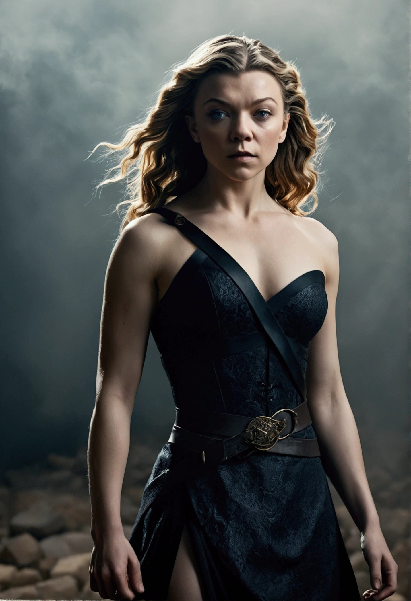 Natalie Dormer, (best quality, High resolution, masterpiece, overhead view:1.20),ultradetailed, (Full body:1.5), standing:1.2, Height 162cm, Body weight 46kg, 20 age old, female warrior, topless , asymmetrical bangs, freckles, black hair, big curls, Long hair, dark eyes, posing lasciviously, gloomy ecstasy, dark atmosphere, mysterious aura, provoking Pose, Strong emotions, through urgent look, intense shadow, Foggy background, Subtle color palette, rough terrain, threatening mood, A supernatural sensation,