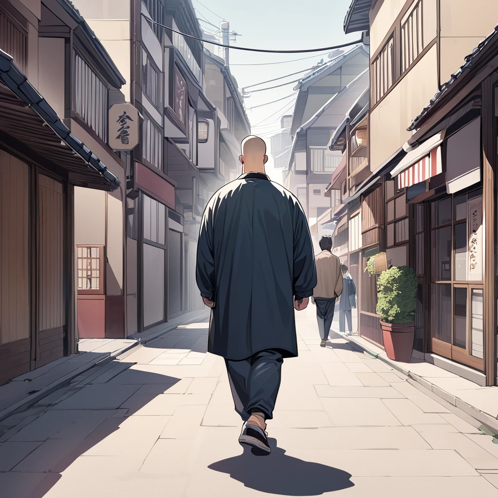 masterpiece, best quality, very aesthetic, absurdres,1boy,male focus,21 old refresh sporty handsome man,illustration,middle muscler and plump and fat body,wearning casual coat and skirt over pants, japan anime style,illustration,college age, spiked short hair, short bangs, buzzcut, composition in which a person is walking toward you from a distance, Mainly background, walking from a distance, position slightly to the right distance, short bangs, back ground is realstic cofe and street, look to right area, japan anime style