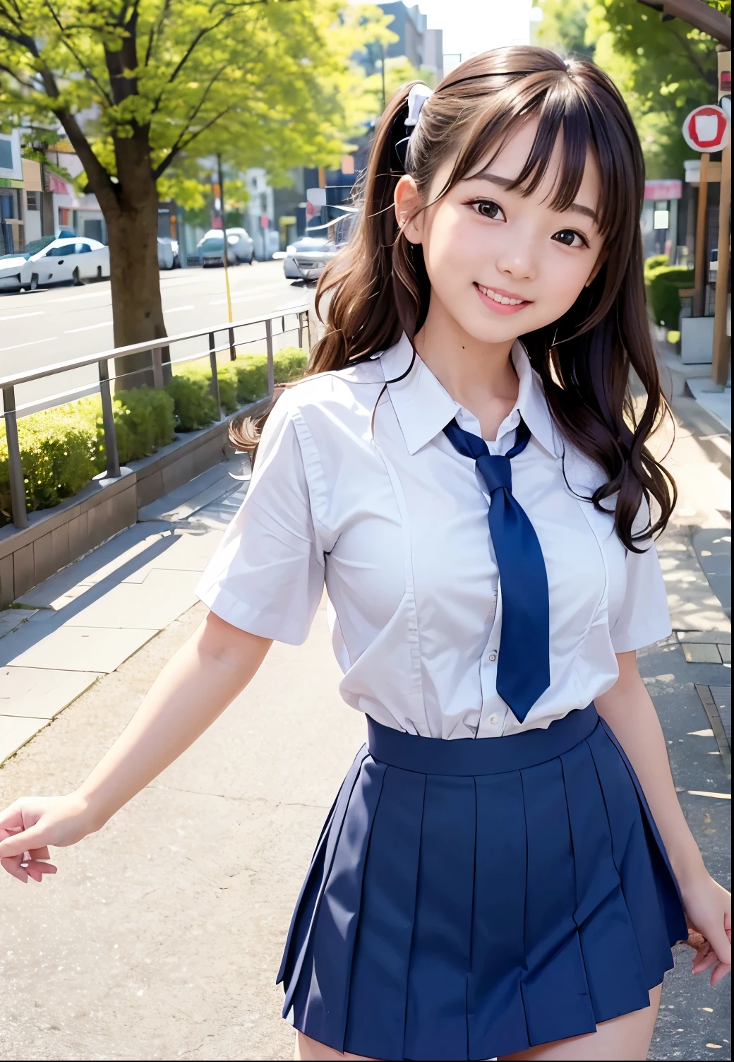 (Highest quality,masterpiece:1.3,Ultra-high resolution),(Very detailed、Caustics) (Realistic:1.4, RAW shooting、)Ultra-Realistic Capture、Very detailed、Natural skin texture、masterpiece、(A Japanese elementary school girl wearing a white shirt and a navy blue micro mini skirt:1.3)、Adorable expression、Expressions of happiness、10 years old、height: 140cm、Baby Face、Pure girl、Amazingly cute、Twin tail hairstyle、Curly Hair、Ribbon tie、Black Hair、Large Breasts、Shining thighs、Shining ass、Shooting on the main street of a tourist spot、Summer early morning、Background details、smile、An inviting gaze、(Anatomically correct)、Cowboy Shot、Attention to detail、