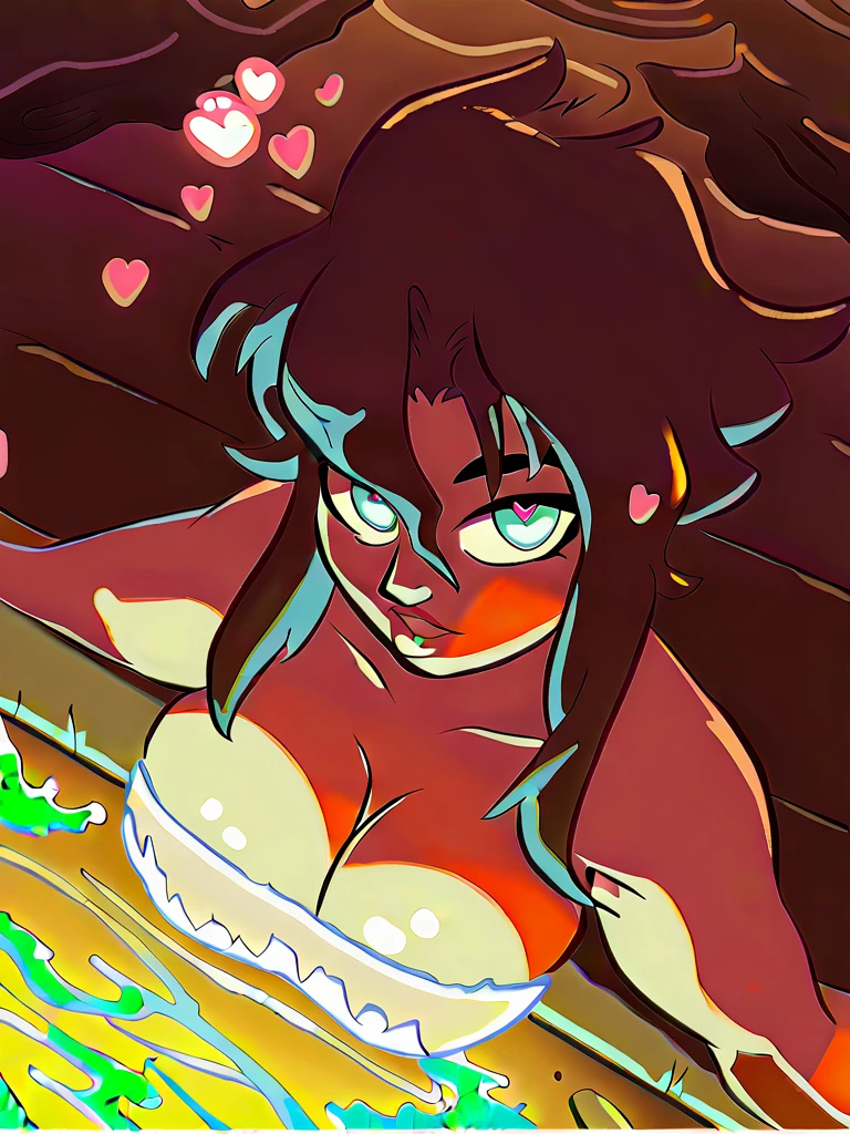punctuation_8_High above,
[ibuki satsuki:with father],  standing alone, mature woman, cute, light skinned woman, hair between the eyes, Leprechaun, hot springs, Outdoor bath, vapour, really short hair, teal eyes, mascara, dark brown hair, lips, the night, side locks, long locks heart1shape-eye, [:heart shaped eyes:0.4],
 