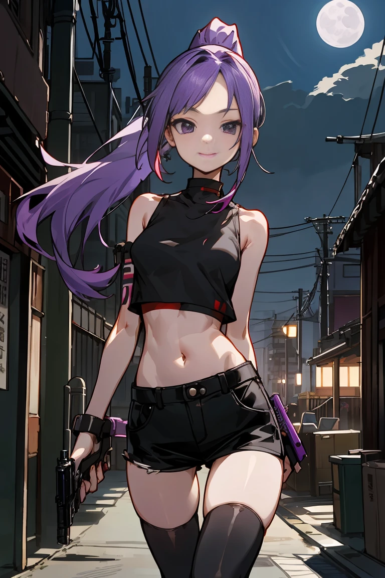 purple hair, long ponytail, long bangs, forehead showing, wearing grasses, smiling a little, cool vibes, slender body, smaller head、ideal ratio body proportions,medium breasts,punk rock fashion、Black tank top、Navel is visible、black leather micro miniskirt、thigh_gap, black_thighhighs,standing,Holding a handgun in your hand、precise and accurate handgun、Trade port、warehouses lined up、Warehouse district、Tokyo、at night、moonlight、