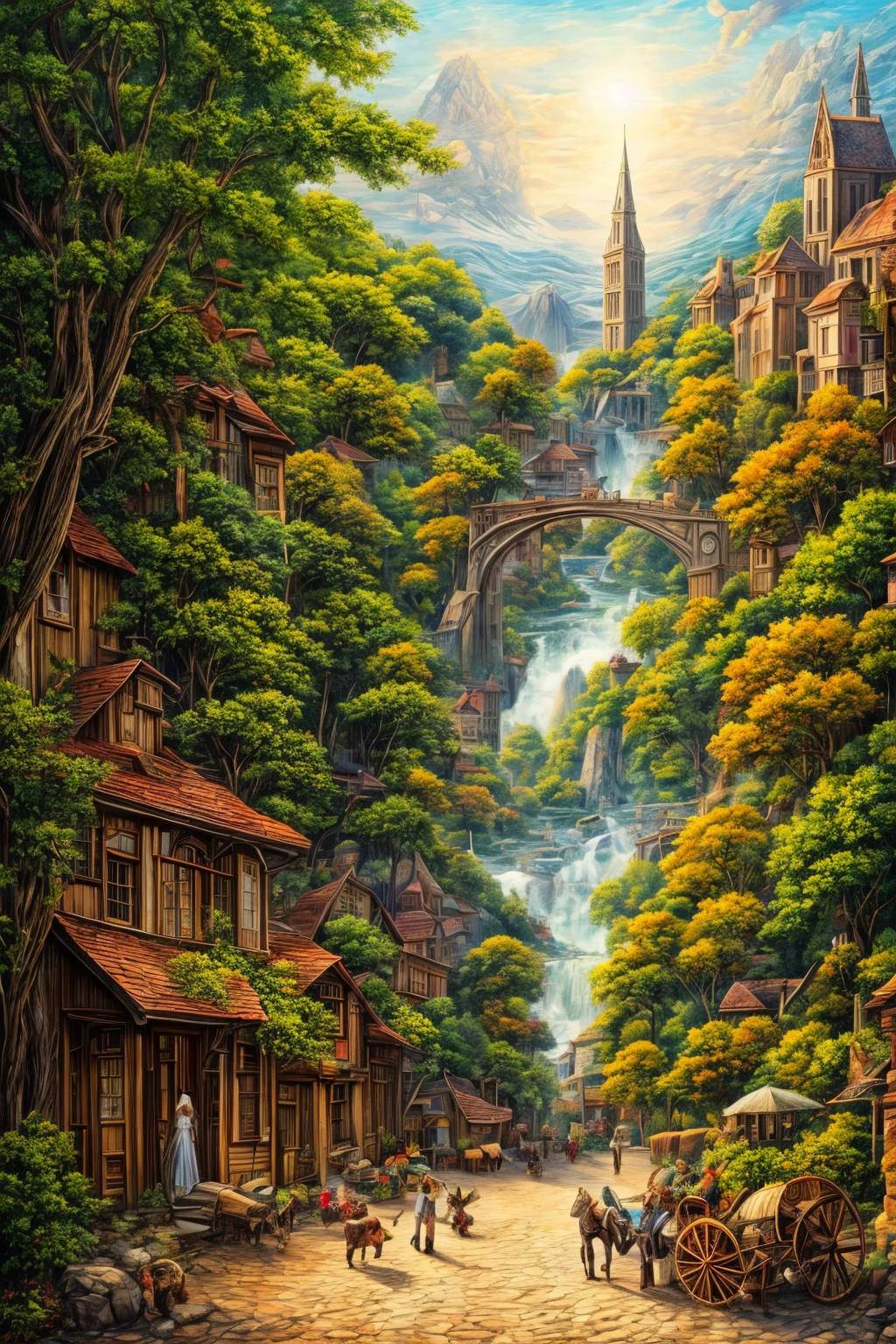 A very detailed, photorealistic masterpiece of a surreal and imaginative painting of a medieval city, 8k resolution, vibrant colors, Hyperrealistic style, naive art, sharp focus, Physically based representation, professional artistic composition, outdoor nature scene, lush foliage, dream atmosphere, dramatic lighting, ethereal mood