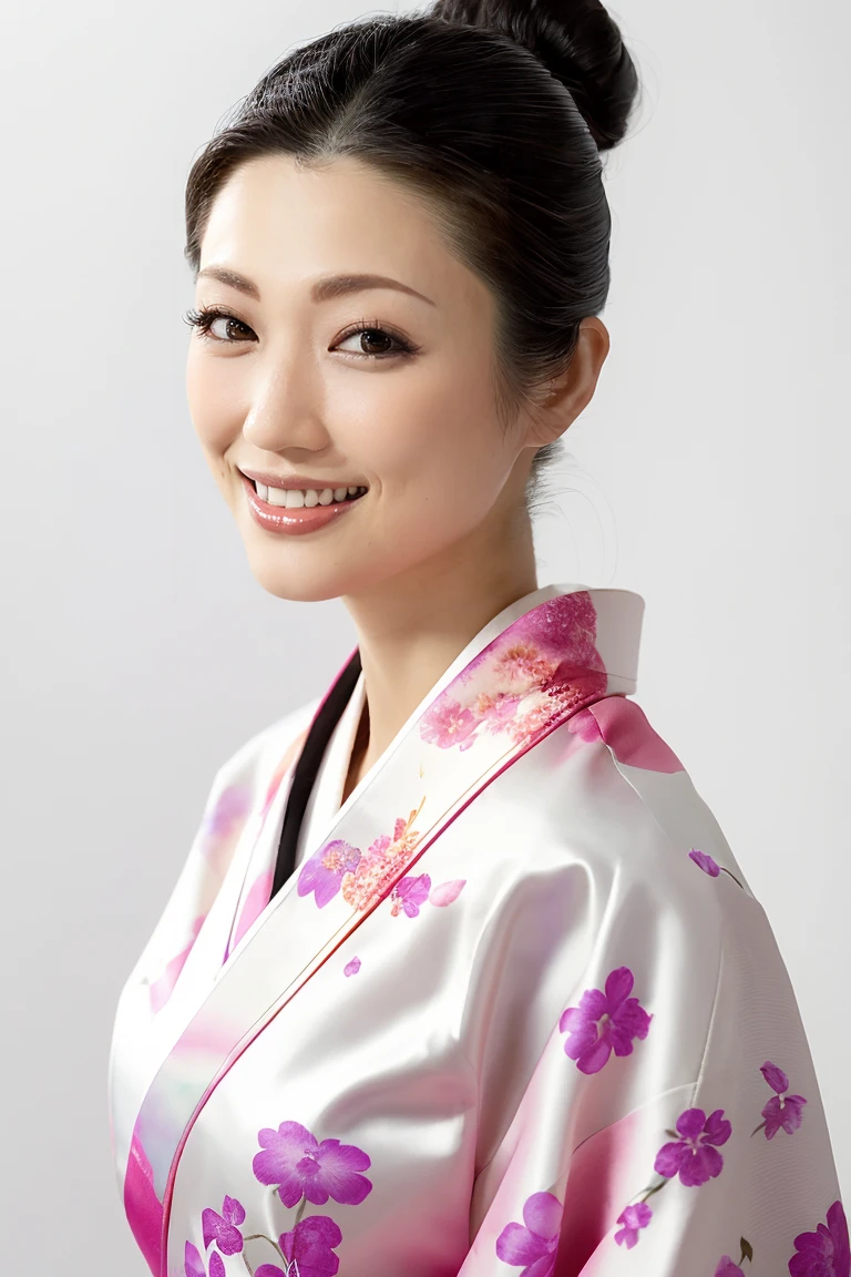 (Highest quality、Tabletop、8k、Best image quality、Award-winning works)、(一人のbeautiful成熟した女性:1.1)、Adult face、(Innkeeper:1.1)、(A gorgeous pink kimono with a gorgeous floral pattern:1.3)、(A kimono with a perfect and precise collar:1.2)、Perfect mature woman portrait photo、Glowing Skin、Standing Elegantly、(The simplest pure white background:1.4)、(Strongly blurred background:1.2)、Glowing Skin、とてもbeautiful肌、(Accentuate your body lines:1.1)、(The most graceful posture:1.2)、(Large Breasts:1.2)、(Voluptuous body:1.3)、A perfect smile、完璧なbeautiful光沢のある唇、(Accurate anatomy:1.2)、(A perfect and elegant outfit:1.1)、(Standing with good posture:1.1)、(beautiful, Elegant and high-quality patterned kimono:1.2)、、(完璧で自然なbeautiful袖:1.2)、(完璧で自然なbeautiful首輪:1.2)、(完璧で自然なbeautiful袖:1.2)、(Elegant and high-quality patterned kimono帯:1.4)、(The perfect wide belt:1.2)、(完璧で自然なbeautiful着物帯:1.1)、(Hair Bun:1.3)、(Face close-up:1.5)、(Look at me and smile:1.2)