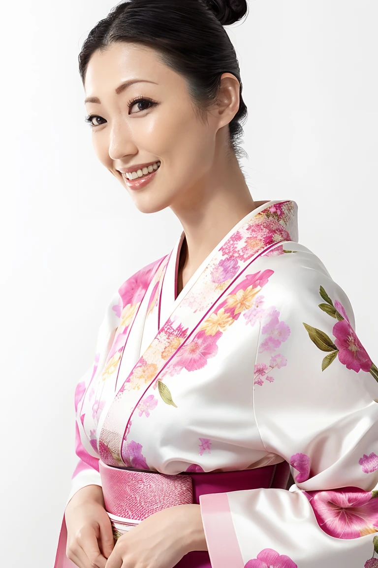 (Highest quality、Tabletop、8k、Best image quality、Award-winning works)、(一人のbeautiful成熟した女性:1.1)、Adult face、(Innkeeper:1.1)、(A gorgeous pink kimono with a gorgeous floral pattern:1.3)、(A kimono with a perfect and precise collar:1.2)、Perfect mature woman portrait photo、Glowing Skin、Standing Elegantly、(The simplest pure white background:1.4)、(Strongly blurred background:1.2)、Glowing Skin、とてもbeautiful肌、(Accentuate your body lines:1.1)、(The most graceful posture:1.2)、(Large Breasts:1.2)、(Voluptuous body:1.3)、A perfect smile、完璧なbeautiful光沢のある唇、(Accurate anatomy:1.2)、(A perfect and elegant outfit:1.1)、(Standing with good posture:1.1)、(beautiful, Elegant and high-quality patterned kimono:1.2)、、(完璧で自然なbeautiful袖:1.2)、(完璧で自然なbeautiful首輪:1.2)、(完璧で自然なbeautiful袖:1.2)、(Elegant and high-quality patterned kimono帯:1.4)、(The perfect wide belt:1.2)、(完璧で自然なbeautiful着物帯:1.1)、(Hair Bun:1.3)、(Face close-up:1.5)、(Look at me and smile:1.2)