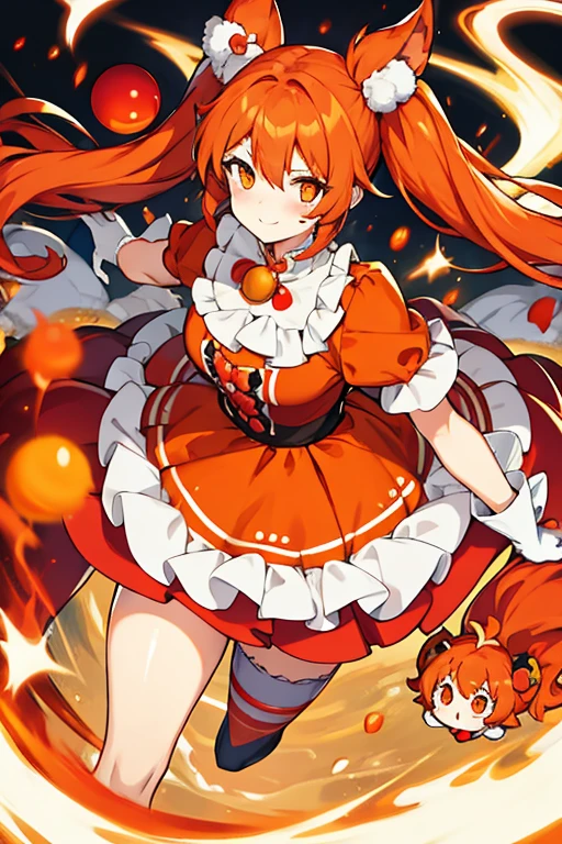 women, hair in two orange pigtails, orange eyes, clown makeup, Red nose, red and white dress, long white gloves, pay
