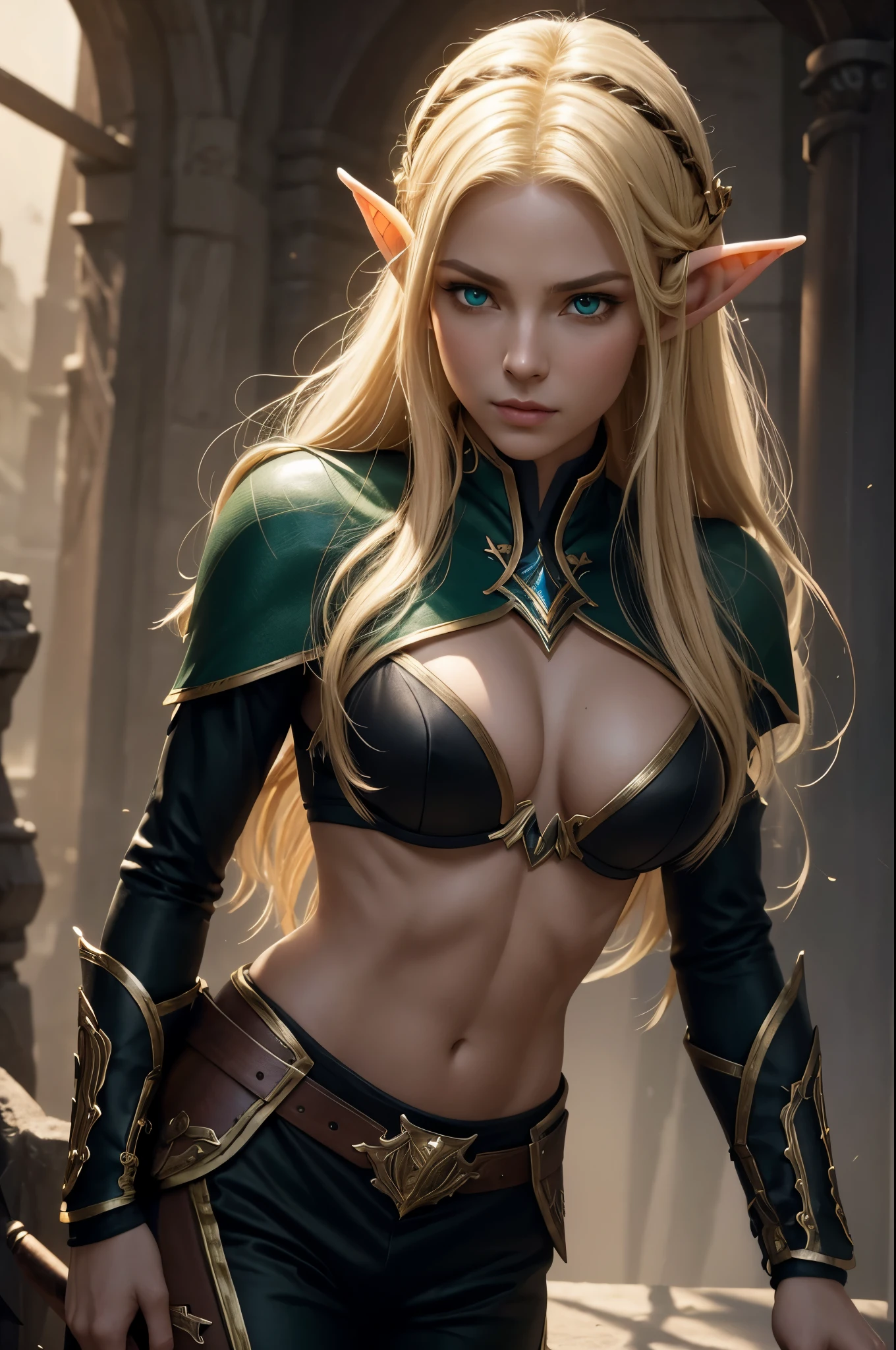 8k,An elf woman who serves as the vice-commander of the Brave Knights..,so beautiful(Like the real thing),Green Eyes,Elf Ears,Blonde Straight Hair,Muscular and slim body,Strongly defined abdominal muscles,Luxurious black exterior,Luxury Black Combat Trousers,sneer,Long, narrow eyes,masterpiece,Photorealistic RAW photos of the highest quality。Bright colors,Rich colors, Backlight, Cinema Lighting, Film Grain, to be born, 50mm lens, Nikon D850,Realistic Skin,Fantasy art,Character Art,Ultra-high resolution,Realistic scale skins,Perfect hand shape,View your viewers,Beautiful expression,1 comb&#39;hair,Very small breasts,豪華な緑と黒のVery small breastsの胸鎧,Luxurious black shoulder pad,Luxurious black gauntlets,Luxurious black armour,Luxurious black leg armor,View your viewers,Thin breastplate,Top-down view,close,Sharp Eyes,Dynamic fighting pose,Showing very little cleavage,smile,