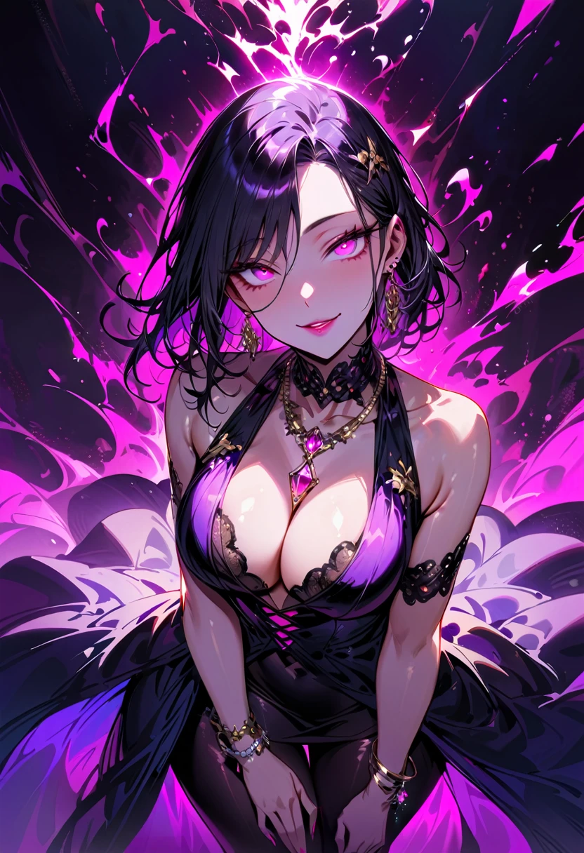 1 mature beautiful woman,(Highest quality,Extremely detailed depiction,Incredibly absurd high resolution,Anatomically accurate depiction,Curvy Legs),(Glowing Skin,Shiny skin),(A seductive former hostess),(Luxurious and sexy dress,Black Pantyhose,Luxury accessories,Earrings,necklace,Bracelet),eyelash,(Pink Eyes,Half-closed eyes:1.5,Crazy Eyes,There is cleavage in the chest,A seductive smile,Glossy Lips,Flashy makeup,eye shadow,eyeliner,mascara,Seductive gestures),whole body