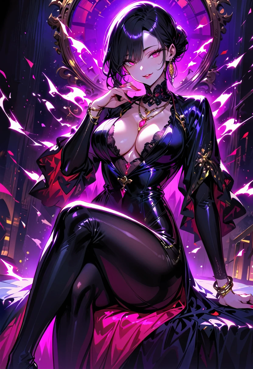 1 mature beautiful woman,(Highest quality,Extremely detailed depiction,Incredibly absurd high resolution,Anatomically accurate depiction,Curvy Legs),(Glowing Skin,Shiny skin),(A seductive former hostess),(Luxurious and sexy dress,Black Pantyhose,Luxury accessories,Earrings,necklace,Bracelet),eyelash,(Pink Eyes,Half-closed eyes:1.5,Crazy Eyes,There is cleavage in the chest,A seductive smile,Glossy Lips,Flashy makeup,eye shadow,eyeliner,mascara,Seductive gestures),whole body