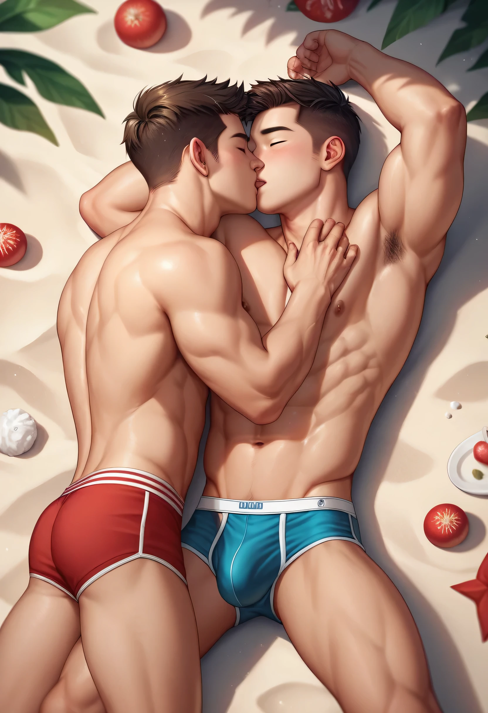 Four young Asian men, , muscular bodies, wearing briefs, bulging crotches, hugging and kissing, lying on the sand. In the background, there are many men wearing brief, dick out, on top of each other, see dick,,
