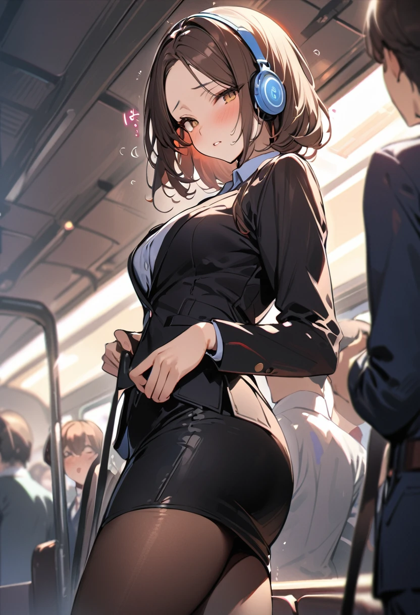 (masterpiece, best quality:1.5), (high resolution 8K), detailed eyes and face, detailed body, 
BREAK 1 girl, bob, center part, forehead, brown hair,  brown eyes, 
BREAK blush, embarrassed, one hand raise, Grab the sling, 
BREAK office lady, (black skirt, pencil skirt, long sleeves, pantyhose, black jacket:1.1), standing on the train, crowded, 
BREAK motion lines, tareme, orgasm, half-closed eyes, spoken heart, trembling, pant sound effect, from below, 
BREAK headphones, sound from headphones, 