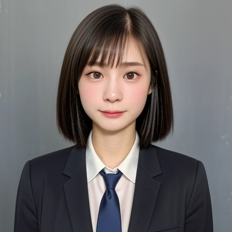 (kawaii 18 year-old Japanese girl, Nogizaka idol, Korean idol, highschool student), healthy female athlete body, (glossy black hair, short hair, pixie cut, bangs:1.3), (rounded face, beautiful black eyes, single eyelid, no makeup, embarrassed expression:1.2), (wearing suit jacket, collared shirt, necktie:1.3), extra small breasts, BREAK, (simple white background), (id photo, yearbook photo, facing straight at the camera, upper body shot:1.2), BREAK, (masterpiece, best quality, photo realistic, official art:1.4), (UHD, 8K quality wallpaper, high resolution, raw photo, golden ratio:1.3), (shiny skin), professional lighting, physically based rendering, award winning, (highly detailed skin, extremely detailed face and eyes), Carl Zeiss 85 mm F/1.4, depth of field, 1girl, solo,