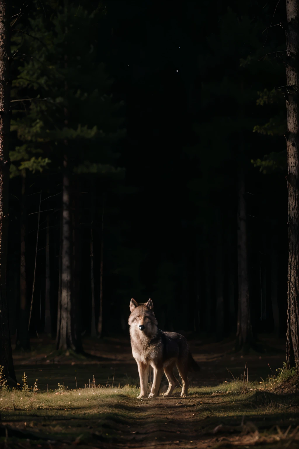 Wolf in the middle of a dark forest