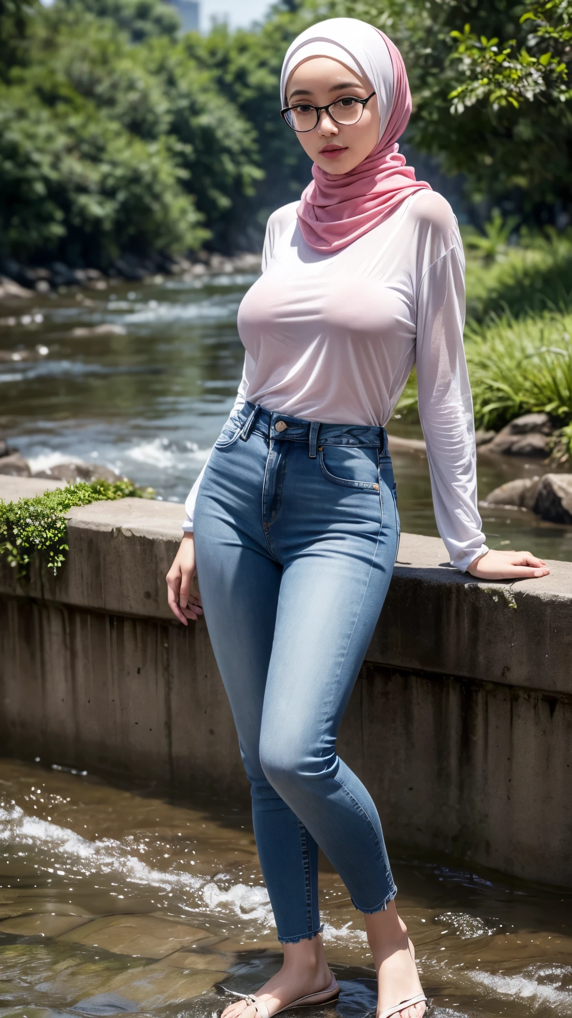full body, (highest quality: 1.4), 32k resolution, (Realistic: 1.5), (Ultra-realistic: 1.5), UHD high resolution, (masterpiece: 1.2), (Enhanced quality: 1.4), 1 woman, Supermodel, , Bright Face, Soft lighting, Japanese Woman, 0 years old, Beautiful woman, action, ((hijab)), gravure, sexy, ((wearing long pink cuffs press body)), big breasts, prominent nipples, wet clothes exposed to rain, ((wearing jeans)), wearing transparent white-rimmed glasses, outdoors, heavy rain in the afternoon, soaking in the river