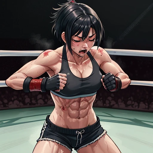 a bloody beautiful young Japanese female fighter is poised in a fighting pose in the fighting ring. Blood is dripping from her nose. She is covered in scars and bruises. she is damaged terribry. Short-cut black hair, out of breath, an eye is closed, drooling from mouth, exhausted, drenched in sweat. Muscularity. Six-pack abs. Erect nipples. sports-bra,bikini shorts, open finger glove.