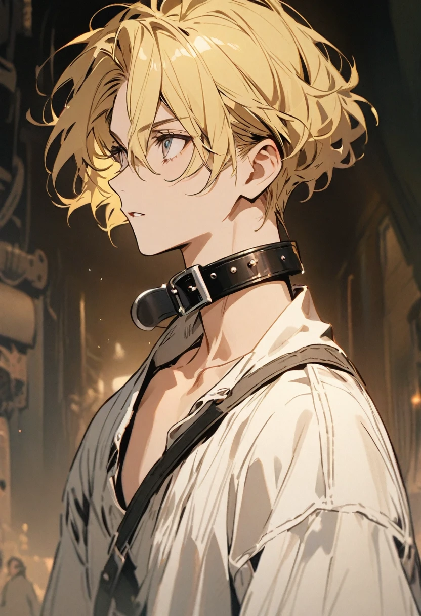 character with blonde hair, and wearing a collar. he looks to the side.