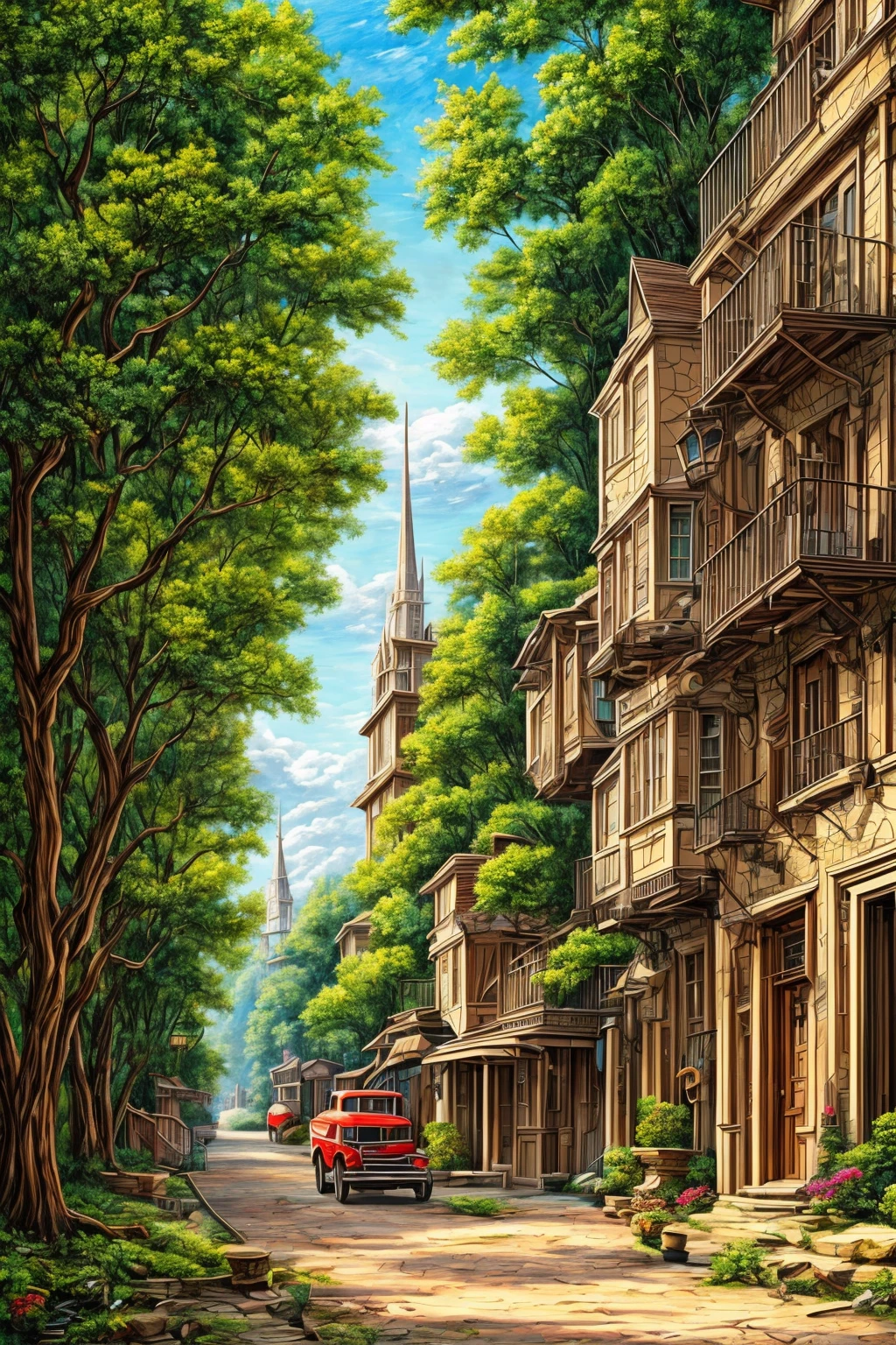 A very detailed, photorealistic masterpiece of a surreal and imaginative painting of a medieval city, 8k resolution, vibrant colors, Hyperrealistic style, naive art, sharp focus, Physically based representation, professional artistic composition, outdoor nature scene, lush foliage, dream atmosphere, dramatic lighting, ethereal mood